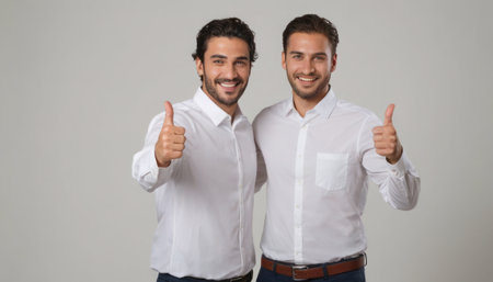 Two smiling men in white shirts give a thumbs-up. The image reflects a friendly and collaborative spirit.の素材