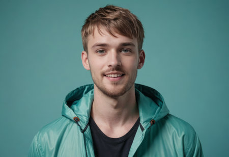 A casual man in a teal hooded jacket, his demeanor is relaxed and approachable.の素材