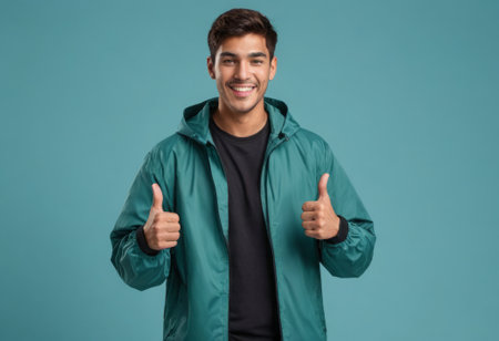 A smiling man in a teal jacket gives a thumbs up. His casual demeanor is highlighted by the blue background.の素材