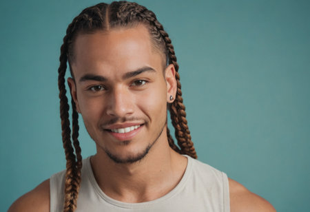 Young man with cornrow braids smiling against a blue background. Casual look with a tank top and relaxed demeanor.の素材