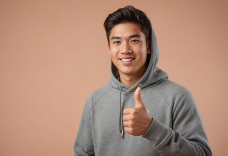 Young man in a sporty hoodie giving a thumbs up, his casual pose and engaging smile suggest activity and friendliness.の素材