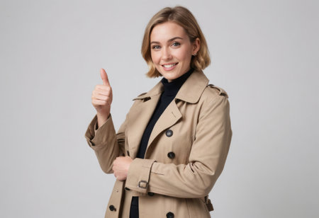 A woman in a trench coat gives a thumbs up, her expression positive and assured. The background is neutral.の素材
