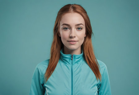 A young woman wears a blue athletic jacket, her gaze serene. The contrasting blue background complements her calm expression.の素材