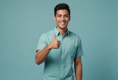 Young man in light blue shirt with a beaming smile giving a thumbs up. Blue background.の素材