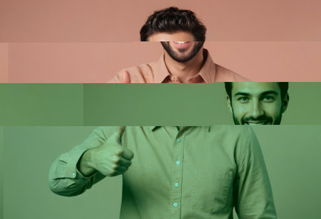 A friendly man with stubble in a salmon shirt giving two thumbs up, his smile suggests agreeableness and contentment.の素材