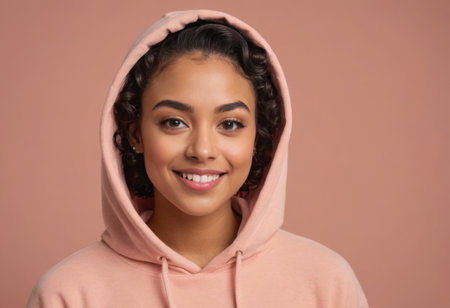 A cheerful young woman in a pink hoodie, with curly hair.の素材
