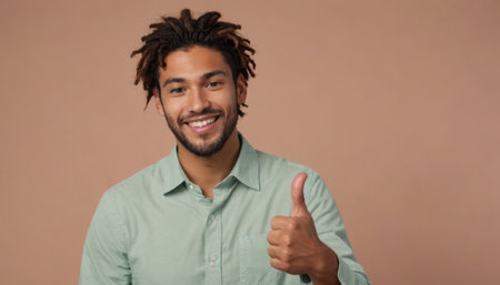 A joyful man with dreadlocks in a teal shirt giving a thumbs up. His vibrant smile and casual appearance suggest a friendly disposition.の素材