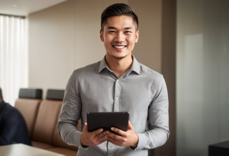 A casual businessman in a home setting confidently handles a digital tablet. His ease and smart attire indicate a flexible work-from-home scenario.の素材