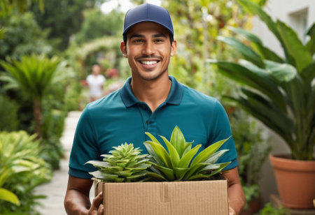A delivery man carries a box full of plants, possibly offering a gardening supply service or plant delivery.の素材