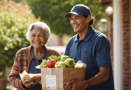 An elderly woman receives a delivery of fresh groceries from a friendly delivery person, illustrating a helpful service for seniors.の素材