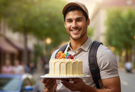 A man delivers a birthday cake with a beaming smile, signifying a special delivery for a celebratory occasion.の素材