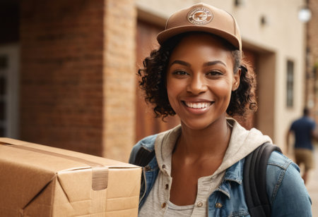 A woman smiles holding a cardboard box, standing on a city street. The urban background suggests a new residence or office move.の素材