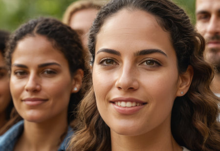 A confident female leader stands with her team, her posture suggesting leadership and collaboration.の素材