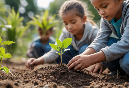 Children are planting seedlings in a community garden, learning about gardening and teamwork.の素材