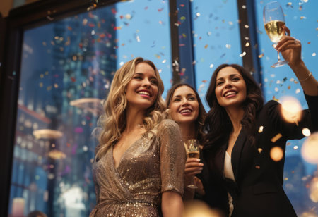 Three friends raise glasses in a toast, surrounded by a festive atmosphere with confetti.の素材