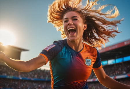 An exuberant football fan celebrates a goal, her face alight with joy and excitement at the stadium.の素材
