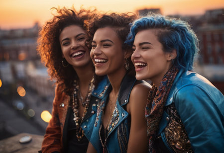 A group of friends share laughter against a cityscape at twilight, enjoying each others company.の素材