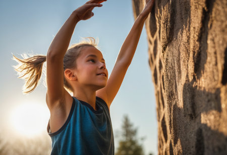 A young girl reaches up towards the sky, symbolizing aspiration and the joy of freedom under the open sky.の素材