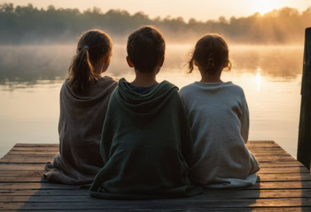 Two siblings sit closely on a dock, looking out over a misty lake, sharing a moment of companionship in the quiet morning.の素材