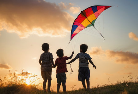 A silhouette of a child flying a kite at sunset, the freedom and joy of childhood play illuminated by the setting sun.の素材