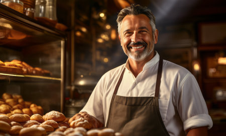 A chef in a bakery kitchen, smiling warmly as he oversees the preparation of baked goods. The scene reflects the joy and pride in culinary work.の素材