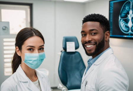 A diverse group of healthcare professionals, including a man and a woman, stand confidently in a modern hospital setting, symbolizing teamwork and dedication.の素材