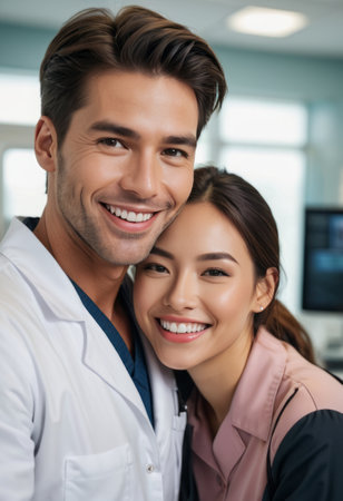 A male and female doctor smile together in a hospital corridor, representing positivity and professionalism in healthcare.の素材