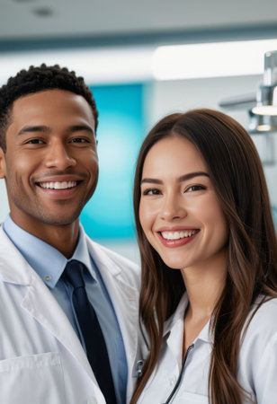 A group of smiling doctors, including two women and a man, stand together in a hospital, reflecting teamwork and positivity in healthcare.の素材