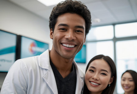 A male doctor and a female doctor smile warmly in a hospital setting, reflecting positivity and teamwork in healthcare.の素材
