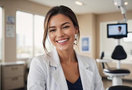 A female doctor smiles warmly in a hospital setting, highlighting positivity, professionalism, and patient care.の素材