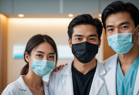 A group of healthcare professionals, including a man and a woman, wear masks while standing in a hospital, representing safety and teamwork.の素材