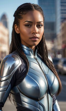 A woman in a silver superhero suit with braided hair stands confidently in an urban setting, her expression focused and determined. The image captures strength and focus.の素材