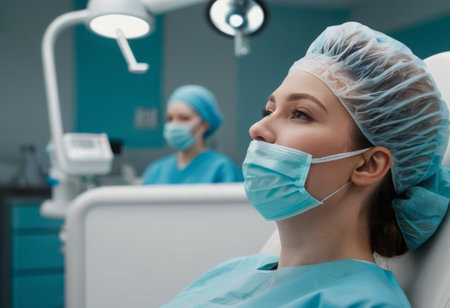 A female patient wearing a surgical cap and mask, lying in a dental chair, ready for a procedure in a modern clinic.の素材