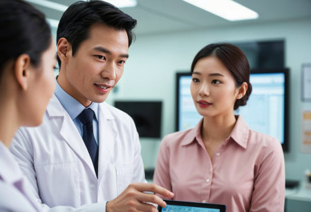 Two doctors consulting with a patient in a modern clinic, discussing a treatment plan and focusing on patient care.の素材