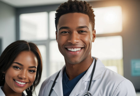 A male and female doctor smiling together in a modern clinic, looking confident and professional.の素材