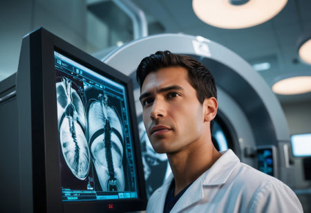 A male doctor preparing a patient for an MRI scan in a modern clinic, focusing on diagnostics and care.の素材