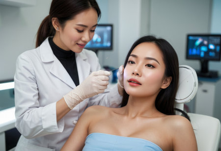 A female cosmetic doctor administering a facial injection to a patient in a modern clinic, focusing on precision and care.の素材