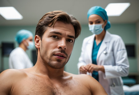 A male patient consulting with a doctor in a modern clinic before surgery, focusing on preparation and care.の素材