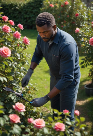 A man carefully pruning rose bushes in a lush garden, surrounded by blooming flowers.