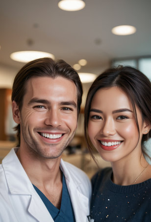 A happy couple posing together in a clinic, both smiling and exuding confidence and warmth.の素材