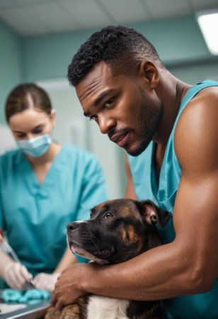 A veterinarian comforting a dog during a check-up in a modern veterinary clinic, focusing on care and compassion.の素材