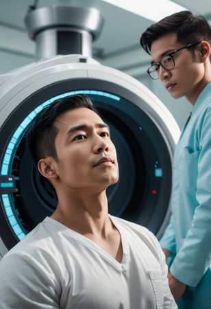 A patient preparing for an MRI scan, highlighting diagnostic imaging and healthcare services in a medical facility.の素材