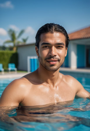 A man enjoying a relaxing moment in a swimming pool, focusing on leisure and wellness.の素材