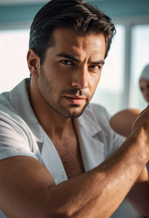 A male doctor with a serious expression in a clinical setting, focusing on medical responsibilities and patient care.の素材