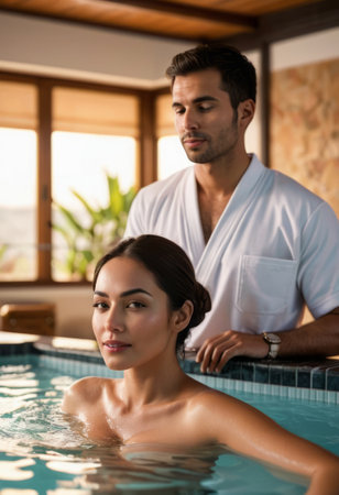 A man and woman relaxing together in a hot tub during a spa session, focusing on wellness and couple relaxation.の素材