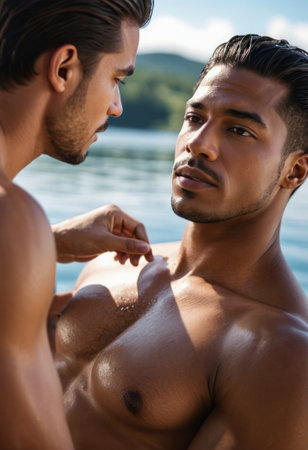 A man and woman sharing an intimate moment by a pool, surrounded by serene outdoor environment.の素材