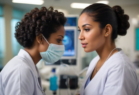 A female doctor attentively listening to a patient during a consultation in a modern clinic.の素材