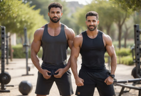 Two muscular men are standing in an outdoor gym, looking confidently at the camera.の素材