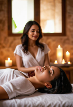 A woman lying on a massage table, receiving a relaxing face massage in a peaceful spa environment.の素材