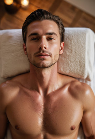 A man lying on a massage table, preparing for a relaxing spa treatment in a peaceful environment.の素材